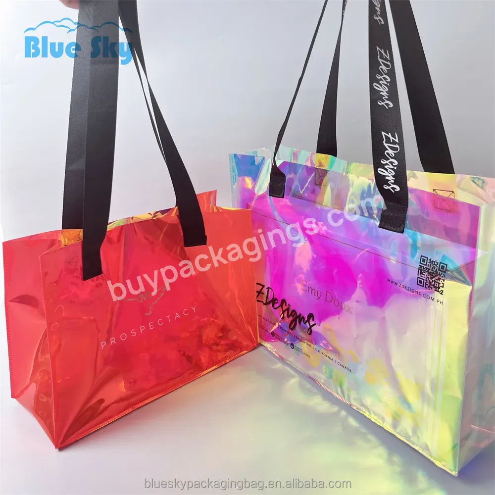 Reused Recyclable Colorful Holographic Transparent Pvc Iridescent Shopping Tote Bags