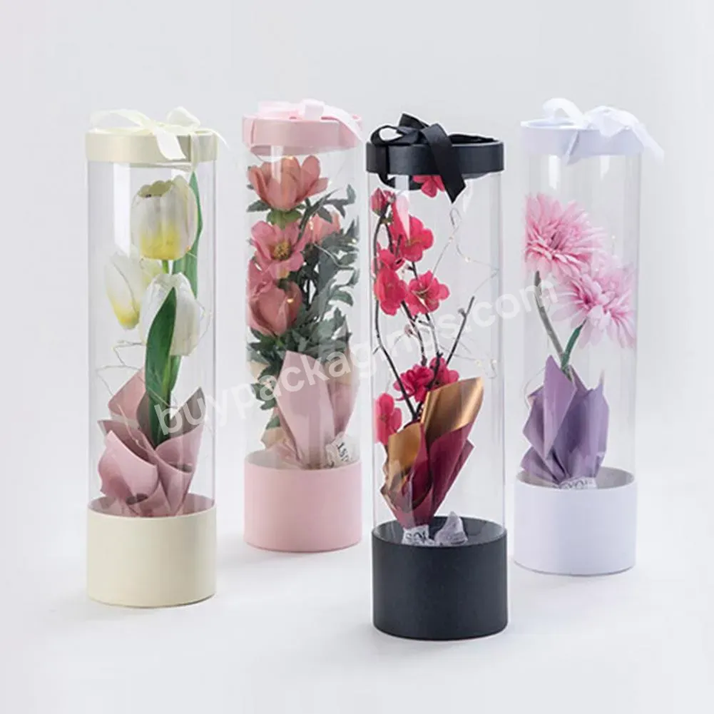 Round Clear Transparent Plastic Pvc Cylindrical Preserved Flower Bouquet Gift Packaging Box For Roses Flowers With Ribbon Handle