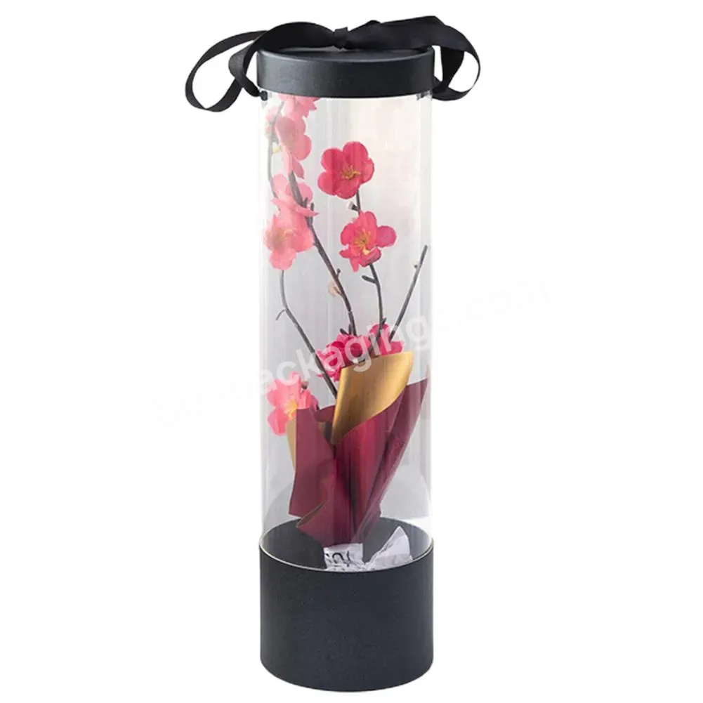 Round Clear Transparent Plastic Pvc Cylindrical Preserved Flower Bouquet Gift Packaging Box For Roses Flowers With Ribbon Handle