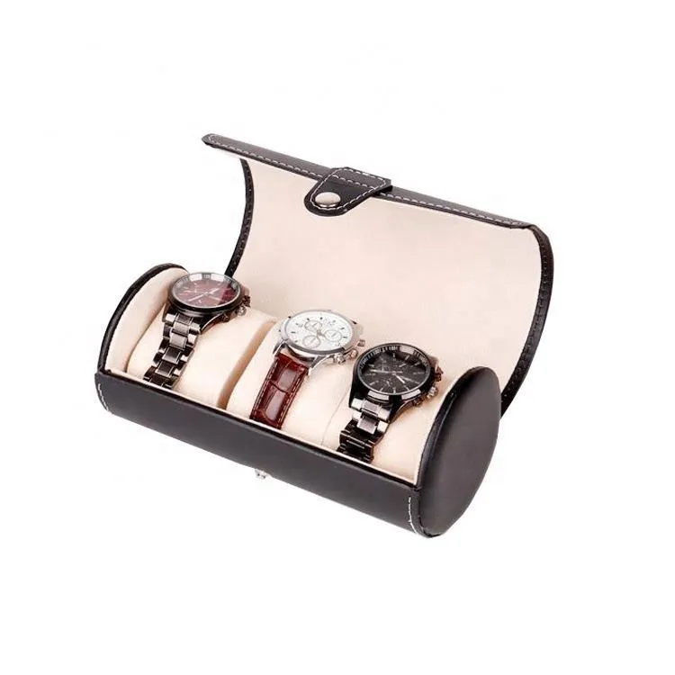 Round cylinder leather watch case 2 slot 3101220 slot watch display storage box