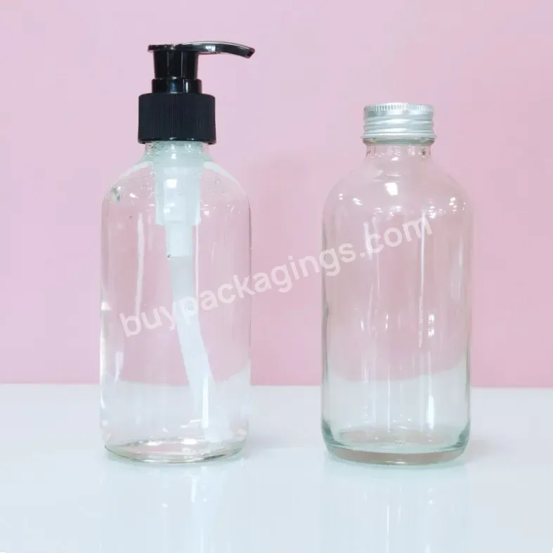 Round Glass Boston Bottle With Stainless Steel Soap Pump Dispenser Boston Round Clear Frosted Glass Spray Bottle