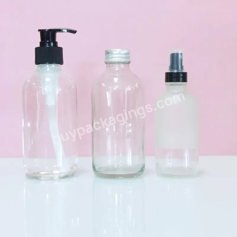 Round Glass Boston Bottle With Stainless Steel Soap Pump Dispenser Boston Round Clear Frosted Glass Spray Bottle