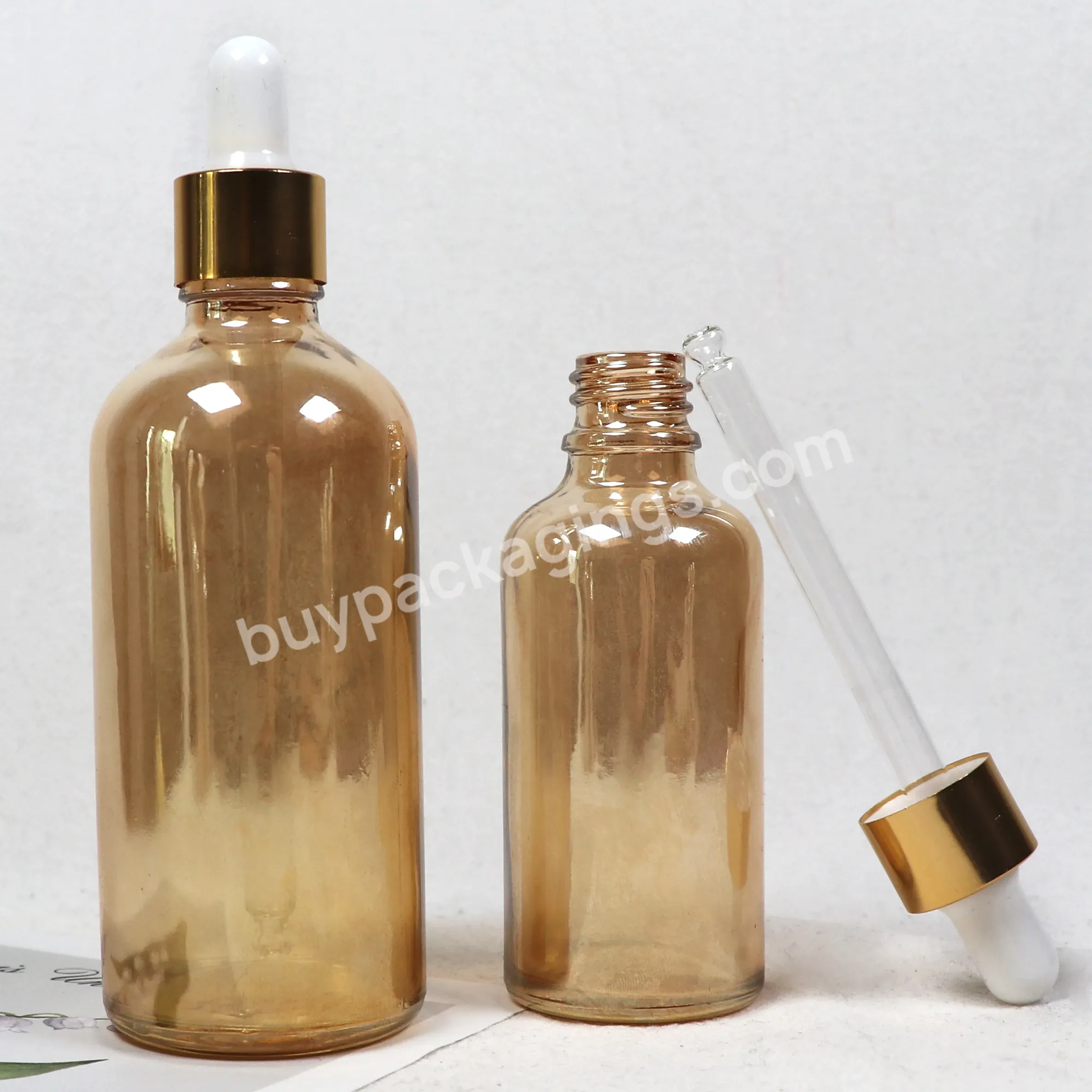 Round Oil Gold Serum Glass 2oz Dropper Bottle 30ml 100ml Eye Rose Gold Dropper Glass Bottle Gold Droplet Bottles For Cosmetic