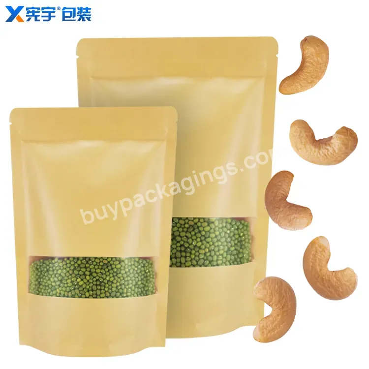 Screen Print Logo Food Storage Bags Dry Food Packaging Brown Kraft Paper Bags With Translucent Window