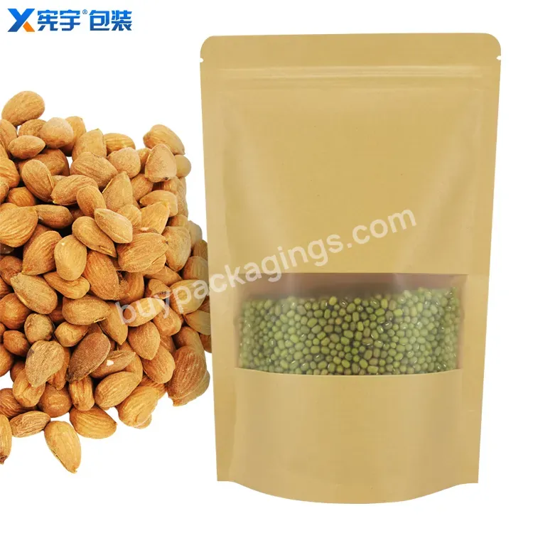 Screen Print Logo Food Storage Bags Dry Food Packaging Brown Kraft Paper Bags With Translucent Window