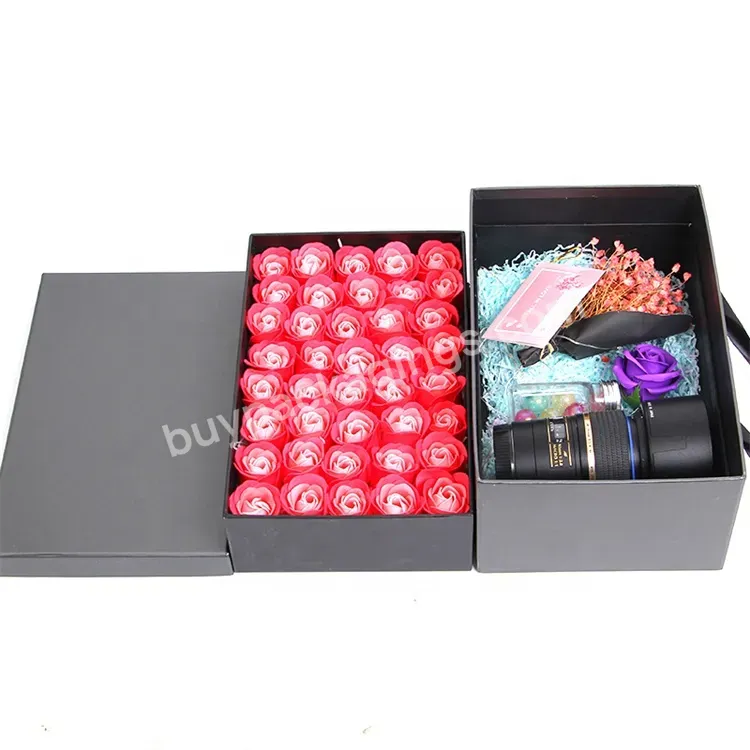 Sim-party 2 Tiers Black Gift Rectangle Paper Rose Box Fresh Cut Flower Packaging Carton Boxes With Lid