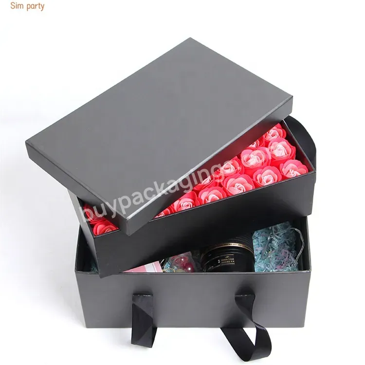 Sim-party 2 Tiers Black Gift Rectangle Paper Rose Box Fresh Cut Flower Packaging Carton Boxes With Lid