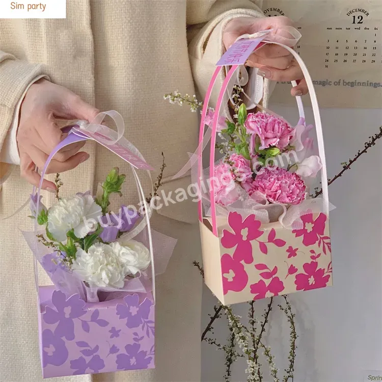 Sim-party Beauty Purple Pink Florist Paper Bouquet Gift Boxes China Wholesale Flower Box With Handle