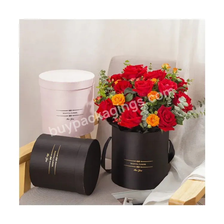 Sim-party Black Pink Rose Handle Bouquet Basket Paper Round Flower Gift Packaging Box Wholesale