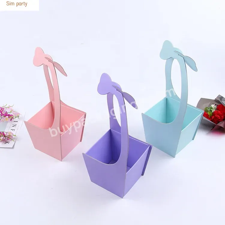 Sim-party Bouquet Folding Basket Handle Paper Flower Boxes Rose Packing Box With Logo Customized