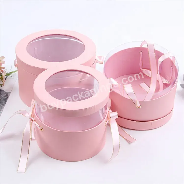 Sim-party Bouquet Gift Ribbon Handle Rose 3pcs Bucket Flower Box Transparent Round Gift Boxes For Flower