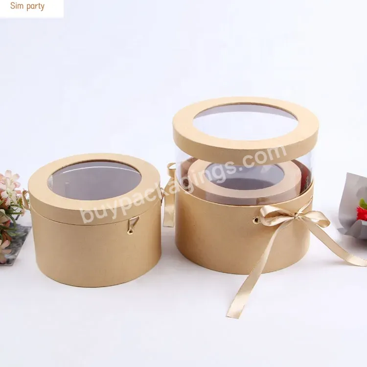 Sim-party Bouquet Gift Ribbon Handle Rose 3pcs Bucket Flower Box Transparent Round Gift Boxes For Flower