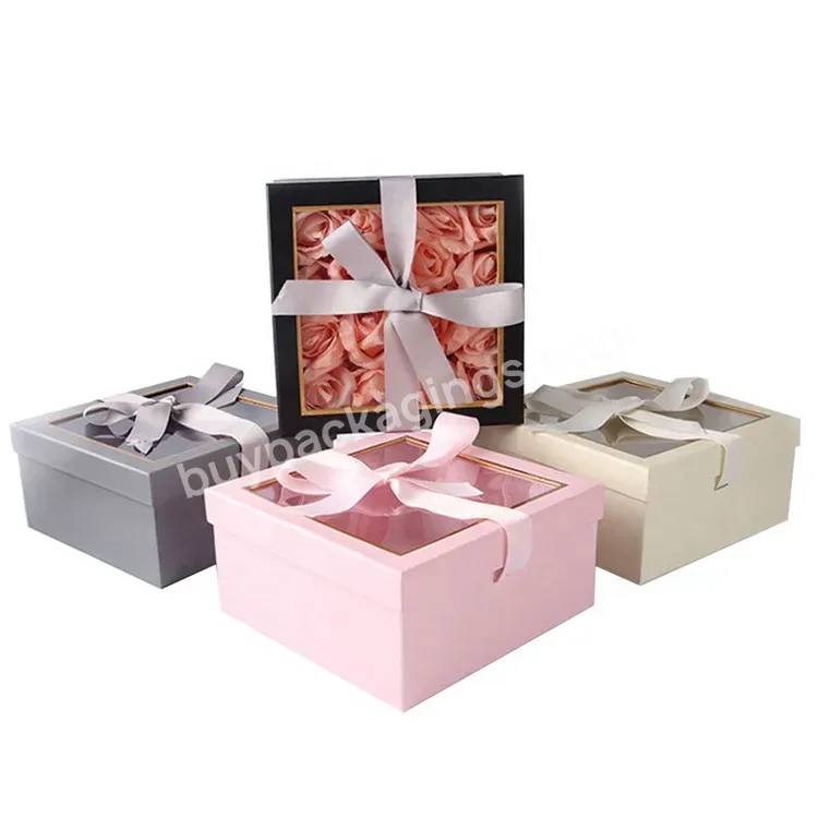 Sim-party Bouquet Set Clear Lid Square Rose Boxes Shape Flower Box Custom Ribbon Gift Packaging Box