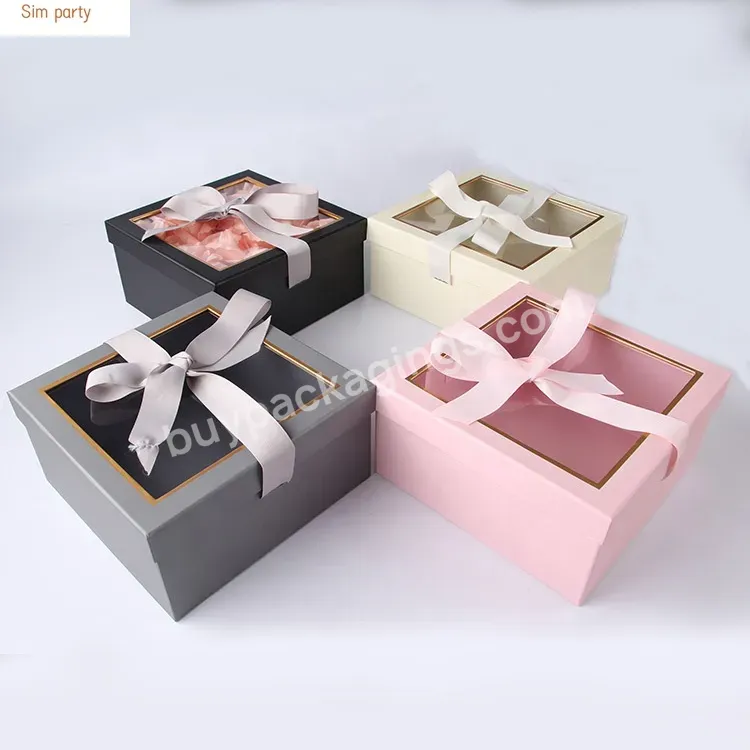 Sim-party Bouquet Set Clear Lid Square Rose Boxes Shape Flower Box Custom Ribbon Gift Packaging Box