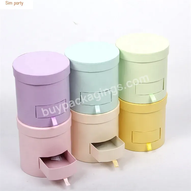 Sim-party Colors 2 Tier Gift Bucket Mini Drawer Rose Boxes Wholesale Round Cylinder Paper Box For Flower