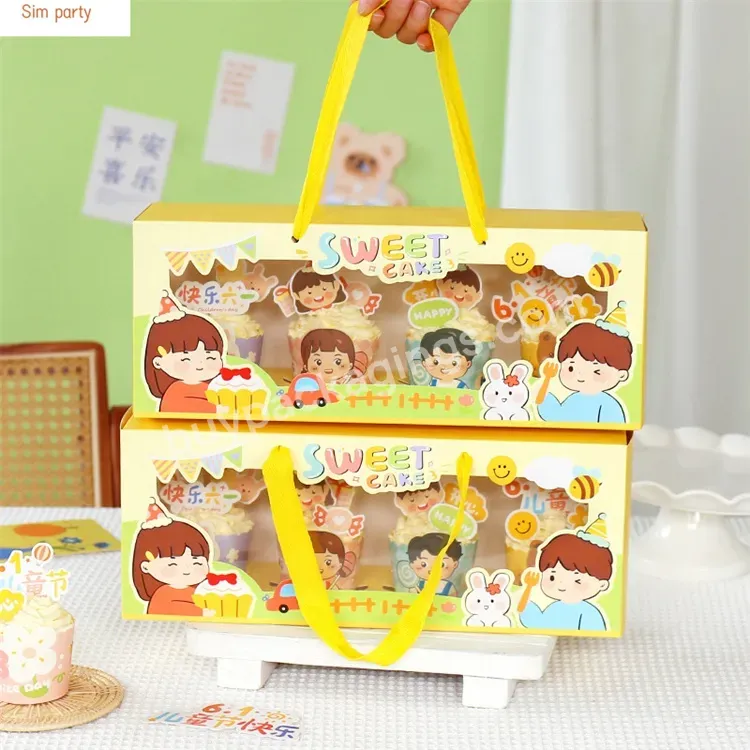 Sim-party Creative Cute Window Yellow Cupcake Paper Muffin Kids Gift Packaging Handle Cup Cake Box 4