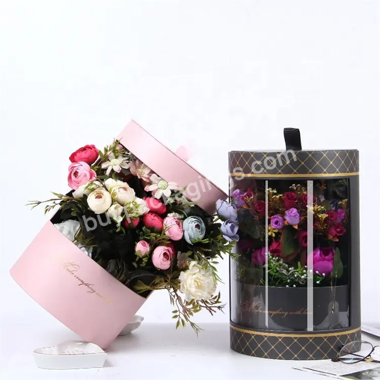 Sim-party Creative Pink Black Bouquet 2 Tier Rose Bucket Valentine Day Pvc Round Flower Gift Box Wholesale