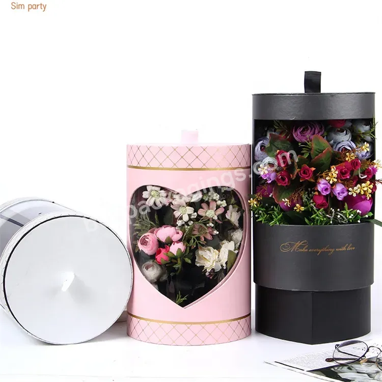 Sim-party Creative Pink Black Bouquet 2 Tier Rose Bucket Valentine Day Pvc Round Flower Gift Box Wholesale