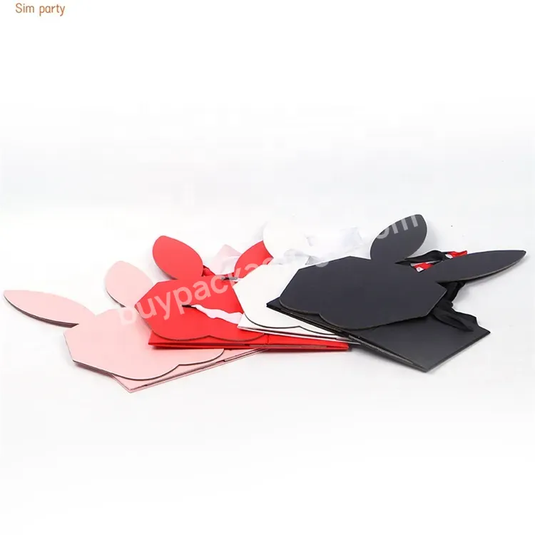 Sim-party Customized Cute Gift Folded Paper Bouquet Boxes Handle Rabbit Shaped Flower Box With Ribbon