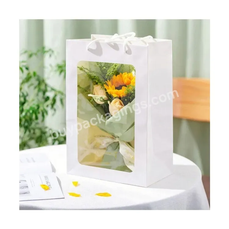 Sim-party Customized Florist Plain White Bouquet Gift Bags Handle Paper Flower Bag With Window