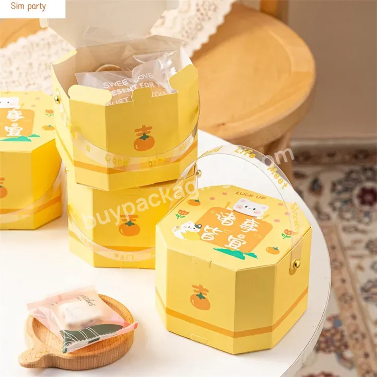 Sim-party Cute Kids Yellow Octagon Gift Snack Pet Handle Candy Sweet Paper Boxes Biscuit Box