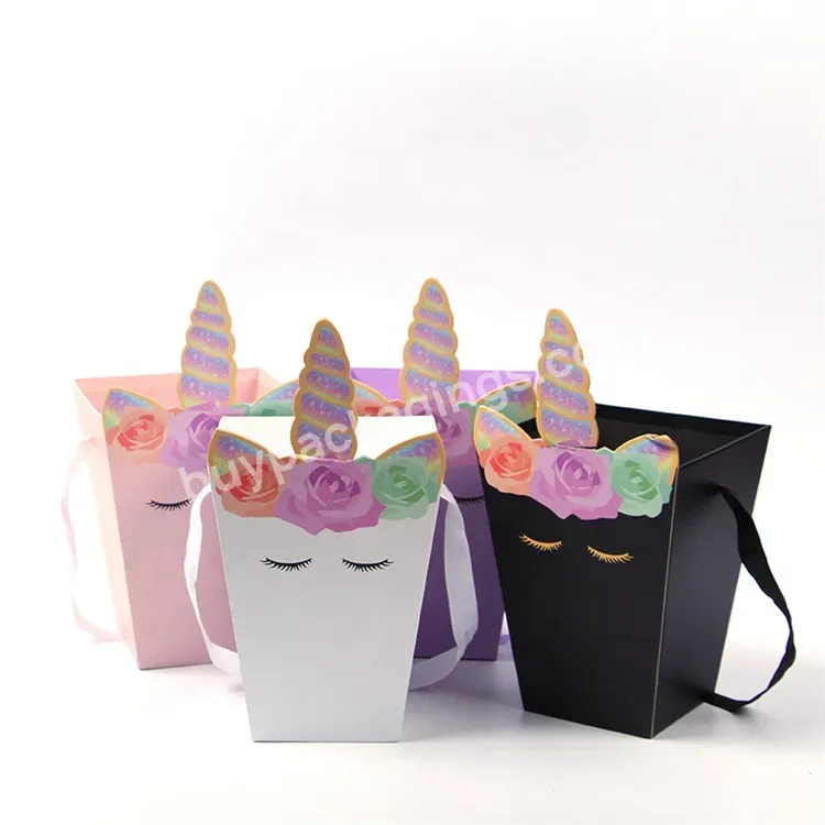 Sim-party Cute Paper Handle Unicorn Bouquet Basket Box Packaging For Mushroom Rose Flower Box Gift