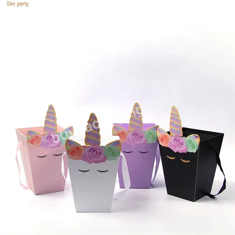 Sim-party Cute Paper Handle Unicorn Bouquet Basket Box Packaging For Mushroom Rose Flower Box Gift