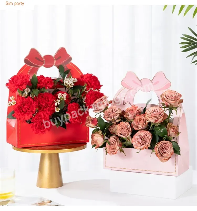 Sim-party Cute Pink Red Mom Bouquet Bow Floral Rose Paper Boxes Box With Handle For Flower Gift Packaging