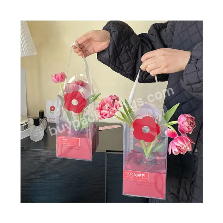 Sim-party Cute Red Woman Florist Rose Handle Pvc Single Bouquet Boxes Clear Plastic Flower Box