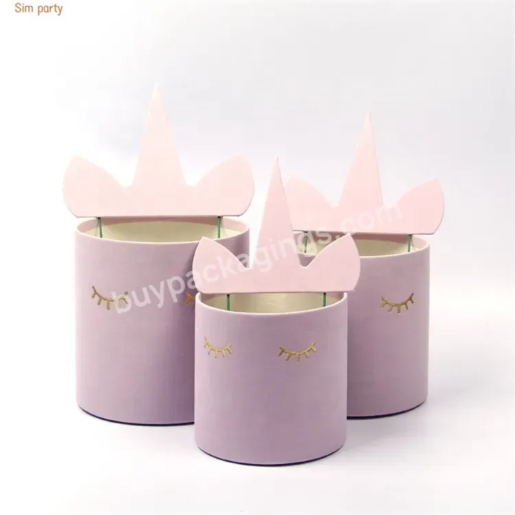 Sim-party Cute Unicorn Shaped Bouquet 3pcs Bucket Set Boxes Cylinder Velvet Round Rose Box For Flowers