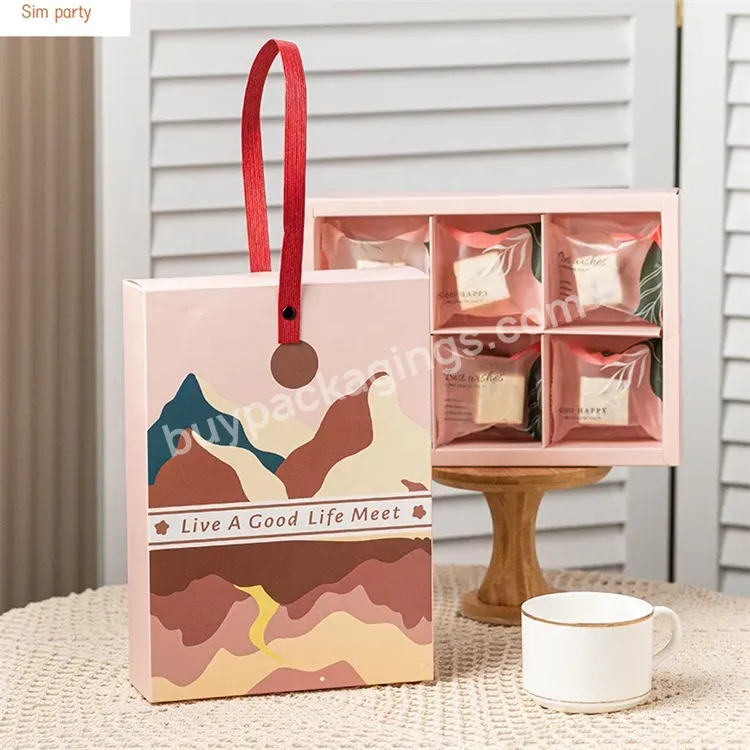 Sim-party Elegant Pastry Bakery Handle 6 Egg Yolk Puff Gift Packaging Paper Box Moon Cake Pink