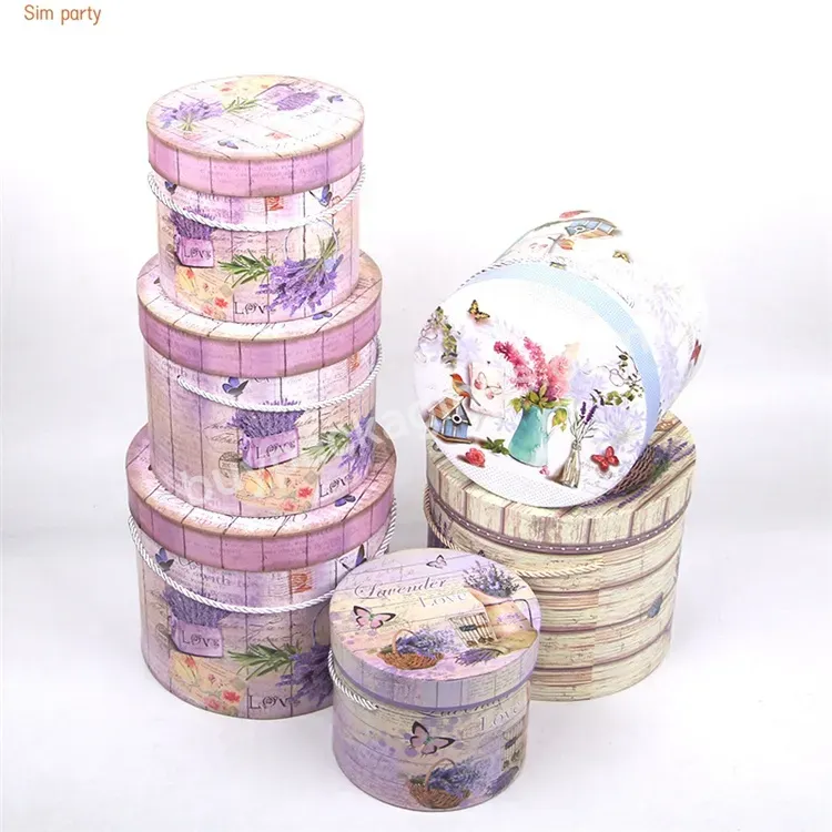 Sim-party European Rose Hug Bucket Lavender Round Paper Bouquet 3 Pcs Boxes Set Flower Delivery Box