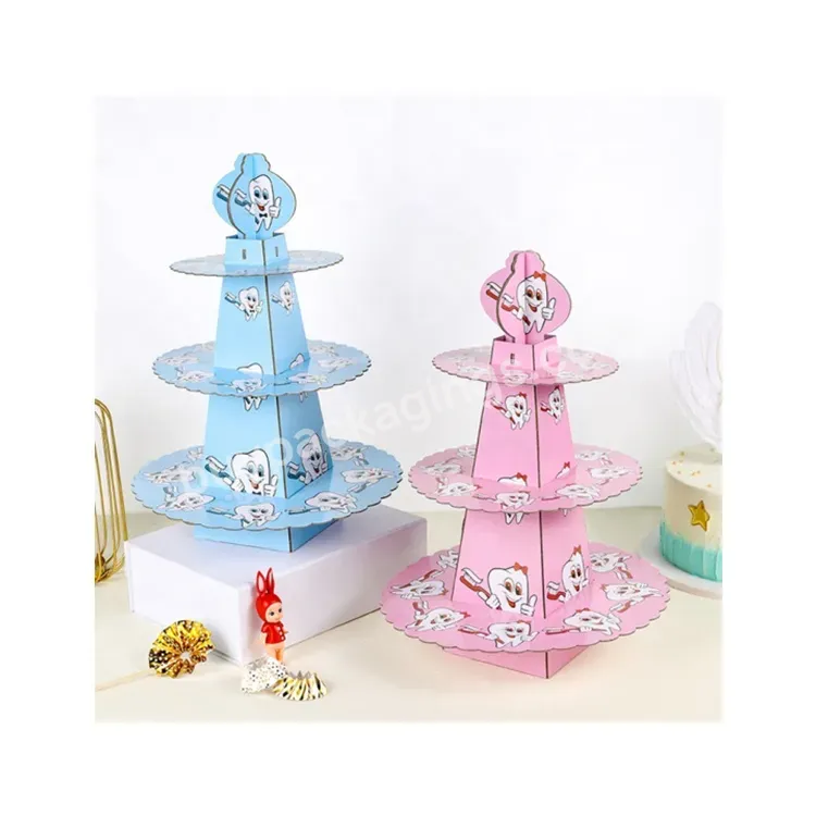 Sim-party Factory 3 Tiers Blue Teeth Care Day Theme Party Fruit Pastry Display Holder Cake Stand