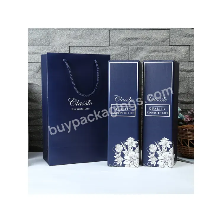 Sim-party Fancy 1&2 Bottle Business Style Black Cardboard Navy Blue Uv Coating Bags And Box Set For Wine