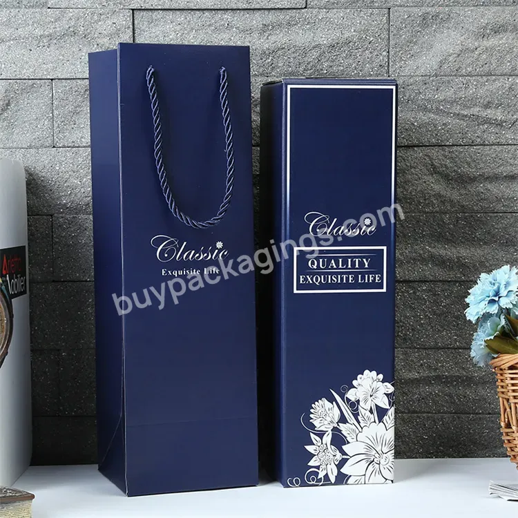 Sim-party Fancy 1&2 Bottle Business Style Black Cardboard Navy Blue Uv Coating Bags And Box Set For Wine