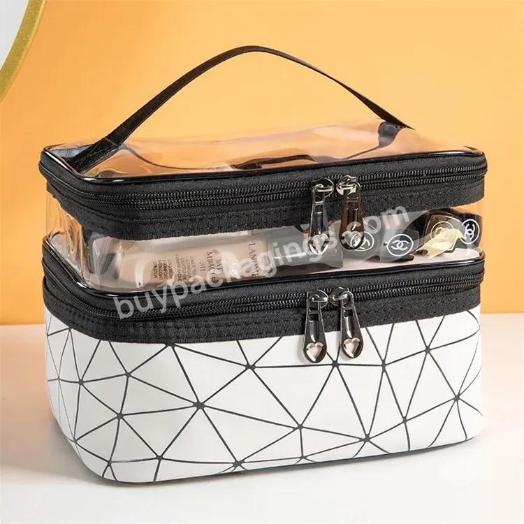 Sim-party Fashion Design Pu+pvc Double Layer Clear Brush Organizer Travel Cosmetic Bag Set With Internal Elastic Stripes