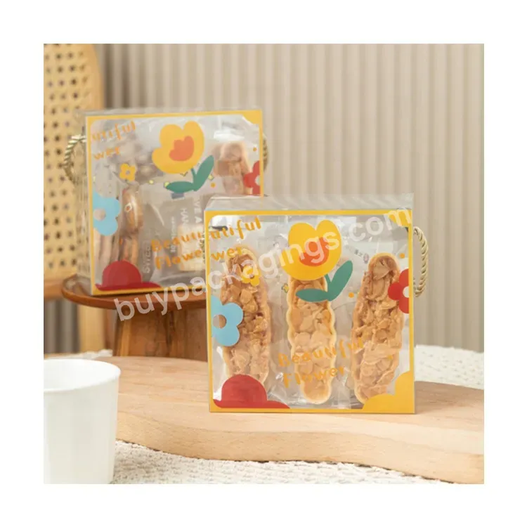 Sim-party Flower Sweet Bakery Carry Handle Square Snack Packaging Transparent Plastic Cookie Boxes