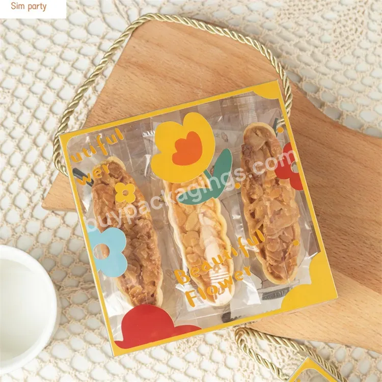 Sim-party Flower Sweet Bakery Carry Handle Square Snack Packaging Transparent Plastic Cookie Boxes