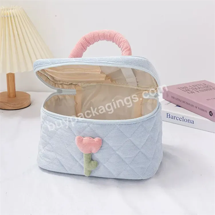 Sim-party Handle Cute Tulip Pattern Macaron Corduroy Metal Zipper Cotton Makeup Cosmetic Bag For Girl