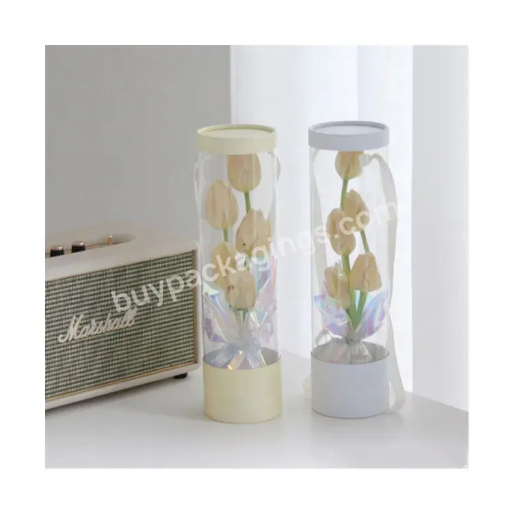 Sim-party Handle Tulip Gift Clear Plastic Bouquet Box Teacher's Day Single Flower Cylinder With Ribbon