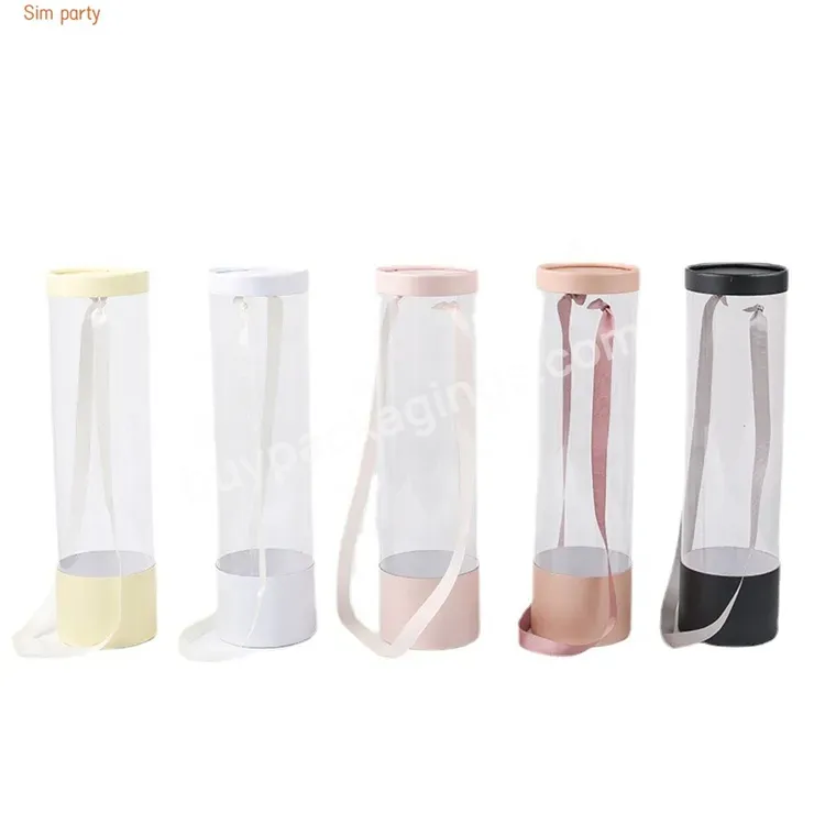 Sim-party Handle Tulip Gift Clear Plastic Bouquet Box Teacher's Day Single Flower Cylinder With Ribbon