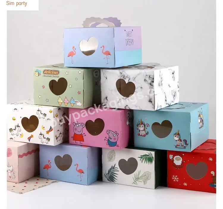 Sim-party Heart Window 4 Inch Pastry Handle Cartoon Birthday Dessert Boxes Cake Board And Box