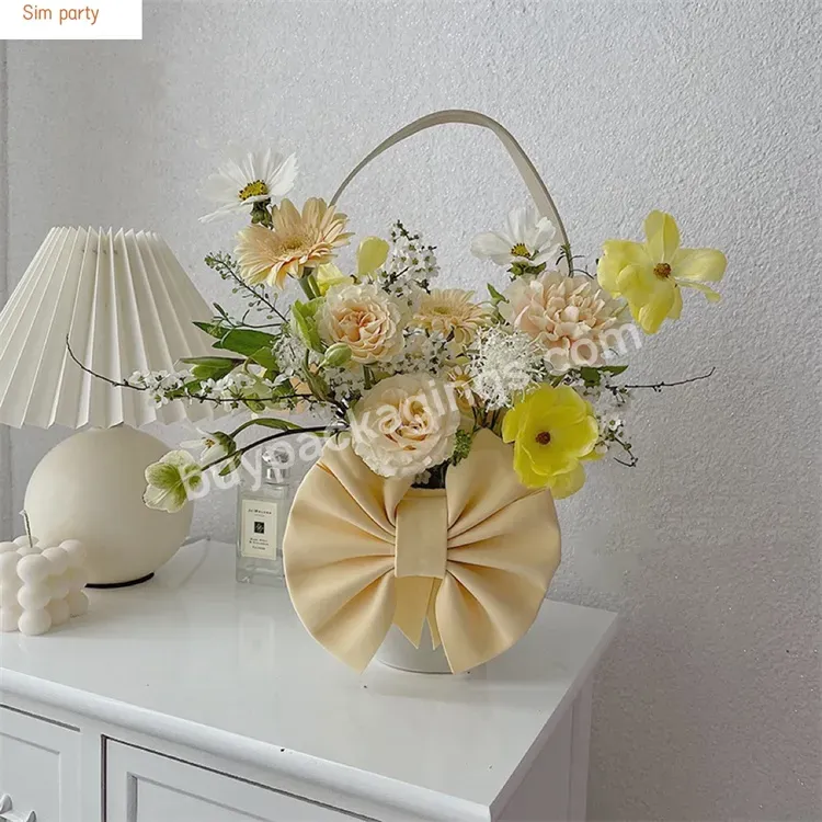 Sim-party Korean Florist Big Bow Waterproof Bouquet Bucket Boxes Round Flower Gift Paper Box With Handle