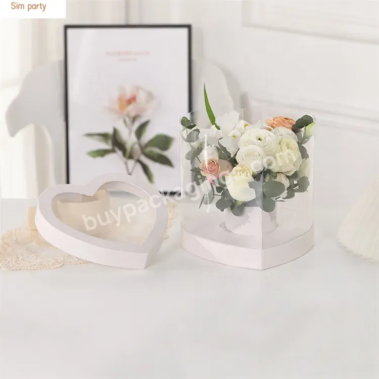 Sim-party Korean Pink White Flowers Arrangement Large Pvc Clear Bouquet Boxes Heart Flower Box