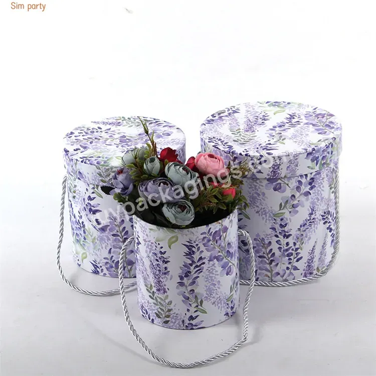 Sim-party Lavender Printed Rope Handle Rose 3pcs Bucket Round Tube Paper Flower Box Gift Packaging Luxury