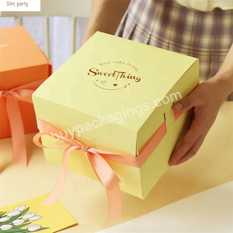 Sim-party Luxury Bakery Dessert Bag Ribbon Yellow Orange 6 Inch Mousse Boxes Surprise Cake Box