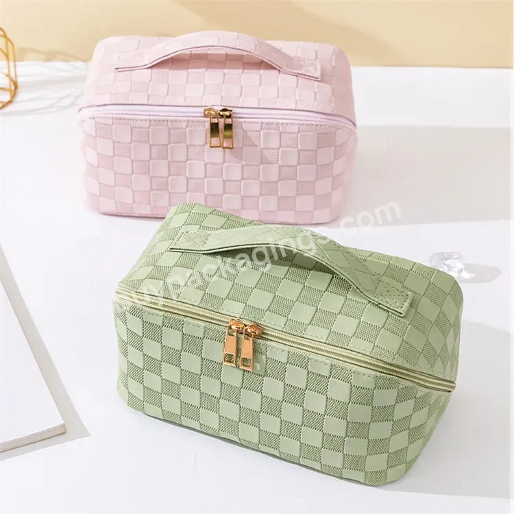 Sim-party Luxury Collection Checkerboard Large Capacity Pu Travel Toiletry Make Up Bag Cosmetic Case