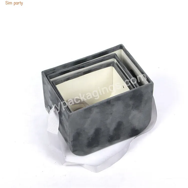 Sim-party Luxury Creative Floral Rose Gift Ribbon Handle Bouquet Packaging Velvet Flower Box
