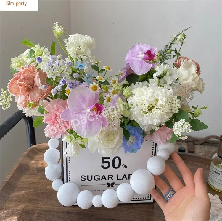 Sim-party Luxury Folded Gift Foam Ball Handle Bouquet Flower Box Square With Rose Boxes Flower Packaging