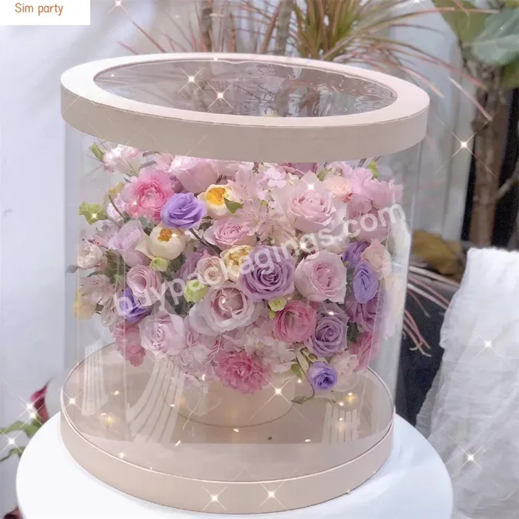 Sim-party Luxury Folding Plastic Rose Florist Large Transparent Bouquet Gift Bucket Flower Box Round